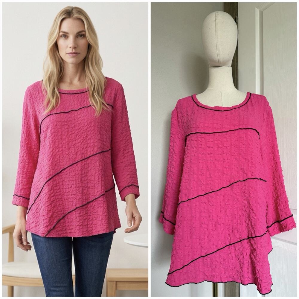 Ali Miles Tunic Top Women PXL Crinkle Gauze Artsy Boho Pink Lagenlook Funky
